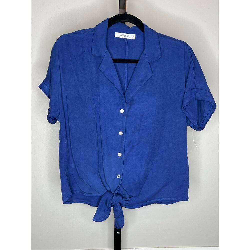 Self Contrast Tencel Button Front Top XS Blue Tie Front Shirt NWT - Picture 2 of 7